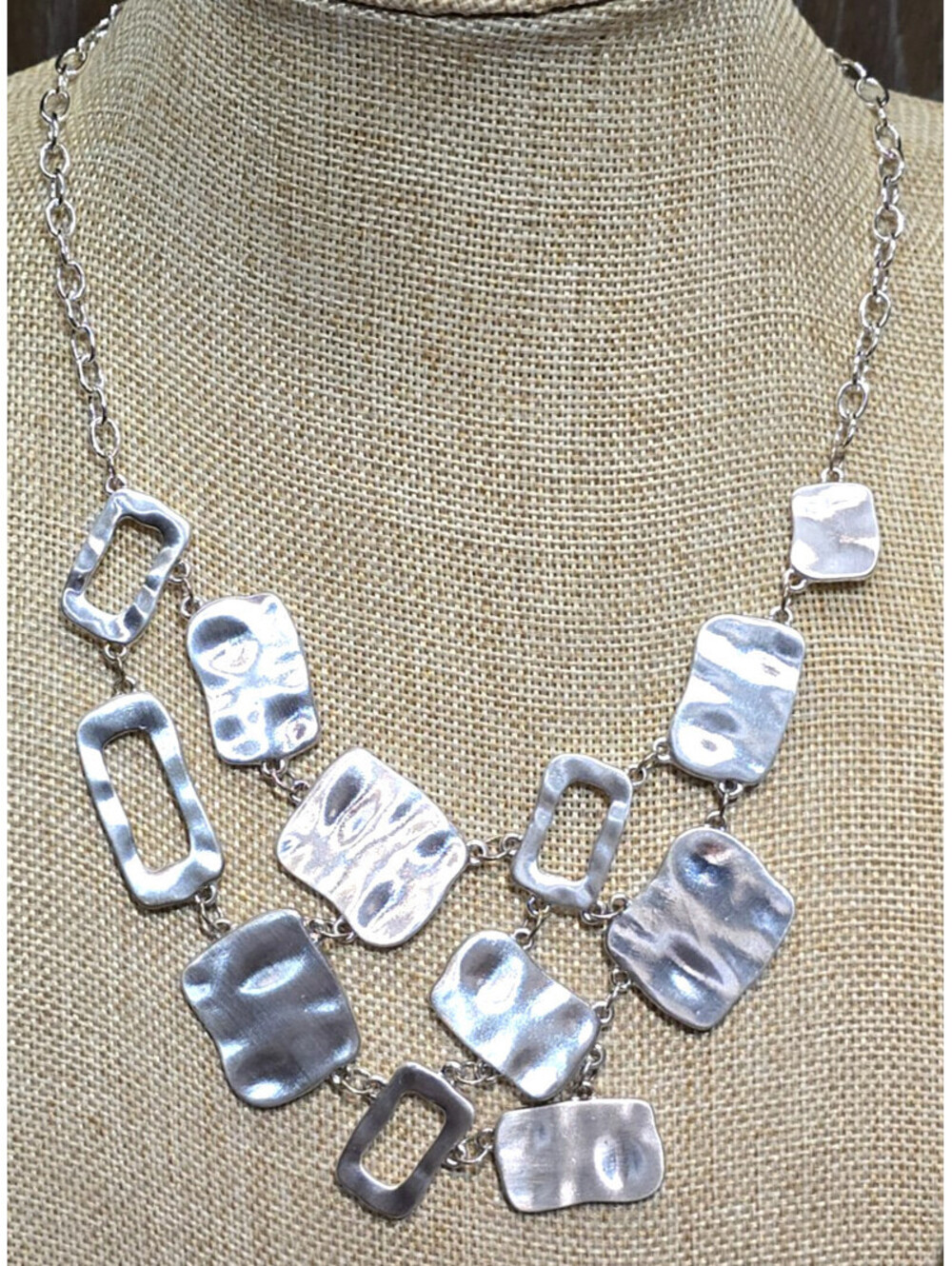 Abstract Bib Necklace Brushed Silver Tone Hammered